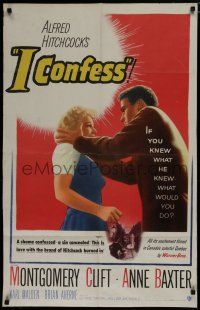 7p399 I CONFESS 1sh '53 Alfred Hitchcock, art of Montgomery Clift shaking Anne Baxter!