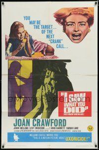 7p403 I SAW WHAT YOU DID 1sh '65 Joan Crawford, William Castle, you may be the next target!