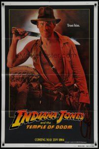 7p412 INDIANA JONES & THE TEMPLE OF DOOM int'l teaser 1sh '84 Harrison Ford w/machete, trust him!