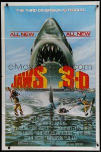 7p431 JAWS 3-D 1sh '83 great Gary Meyer shark artwork, the third dimension is terror!
