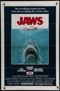 7p429 JAWS 1sh '75 Steven Spielberg classic man-eating shark attacking sexy swimmer!