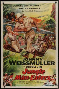 7p440 JUNGLE MAN-EATERS 1sh '54 cool art of Johnny Weissmuller as Jungle Jim fighting cannibals!