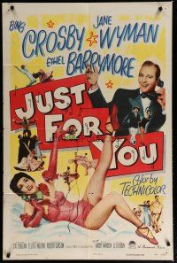 7p442 JUST FOR YOU 1sh '52 Bing Crosby & sexy Jane Wyman on telephone!