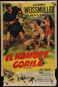 7p446 KILLER APE Spanish/U.S. 1sh '53 cool art of Johnny Weissmuller fighting giant man!
