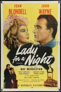 7p459 LADY FOR A NIGHT 1sh R50 headshots of John Wayne, Joan Blondell + riverboat!