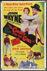 7p460 LADY TAKES A CHANCE 1sh R54 Jean Arthur and John Wayne, The Cowboy & The Girl!