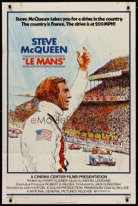 7p473 LE MANS 1sh '71 great Tom Jung artwork of race car driver Steve McQueen waving at fans!