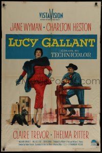 7p508 LUCY GALLANT 1sh '55 full-length image of sexy Jane Wyman walking dog, plus Charlton Heston!