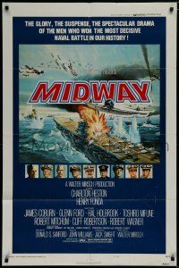 7p545 MIDWAY style B 1sh '76 Charlton Heston, Henry Fonda, dramatic naval battle art!