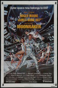 7p552 MOONRAKER 1sh '79 art of Roger Moore as Bond & sexy space babes by Goozee!