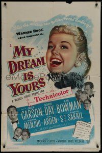 7p559 MY DREAM IS YOURS 1sh '49 Jack Carson, Doris Day, Lee Bowman, Adolphe Menjou!