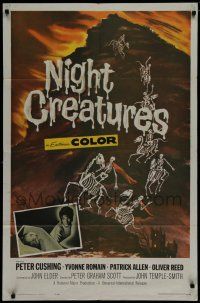 7p575 NIGHT CREATURES 1sh '62 Hammer, great horror art of skeletons riding skeleton horses!
