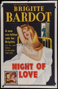 7p578 NIGHT OF LOVE 1sh '59 sexy Brigitte Bardot in bed, she'll send thrills down your spine!