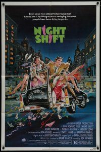7p581 NIGHT SHIFT 1sh '82 Michael Keaton, Henry Winkler, sexy girls in hearse art by Mike Hobson!