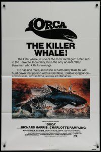 7p611 ORCA 1sh '77 wild artwork of attacking Killer Whale by John Berkey, it kills for revenge!