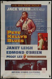 7p637 PETE KELLY'S BLUES 1sh '55 Jack Webb smoking & holding trumpet, sexy Janet Leigh!