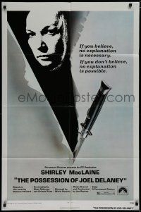 7p658 POSSESSION OF JOEL DELANEY 1sh '72 Shirley MacLaine, cool switchblade design, voodoo!