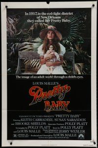 7p660 PRETTY BABY 1sh '78 directed by Louis Malle, young Brooke Shields sitting with doll!
