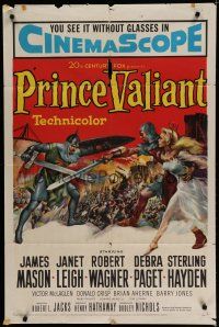 7p668 PRINCE VALIANT 1sh '54 artwork of Robert Wagner in armor saving sexy Janet Leigh!