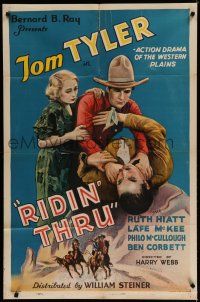 7p701 RIDIN' THRU 1sh '34 art of pretty Ruth Hiatt & cowboy Tom Tyler taking out baddie!