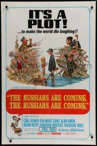 7p719 RUSSIANS ARE COMING 1sh '66 Carl Reiner, great Jack Davis art of Russians vs Americans!