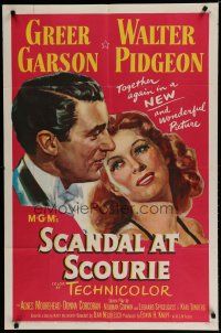 7p730 SCANDAL AT SCOURIE 1sh '53 great close up art of smiling Greer Garson & Walter Pidgeon!