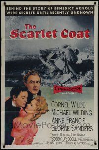 7p732 SCARLET COAT 1sh '55 romantic art of Cornel Wilde & Anne Francis, John Sturges directed!