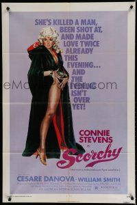 7p733 SCORCHY 1sh '76 full-length art of sexiest barely-dressed Connie Stevens in black cape!