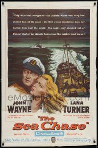 7p735 SEA CHASE 1sh '55 great seafaring artwork of John Wayne & Lana Turner!