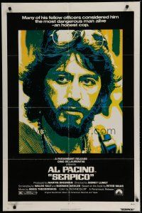 7p739 SERPICO 1sh '74 cool close up image of Al Pacino, Sidney Lumet crime classic!