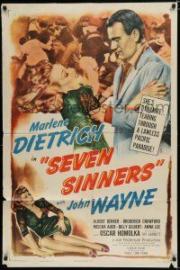 7p741 SEVEN SINNERS 1sh R48 different image of Marlene Dietrich grabbed by big John Wayne!