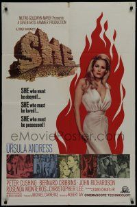 7p749 SHE 1sh '65 Hammer fantasy, full-length sexy Ursula Andress, who must be possessed!