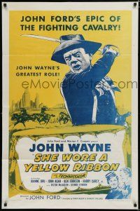 7p750 SHE WORE A YELLOW RIBBON 1sh R57 cool different art of John Wayne, John Ford classic!