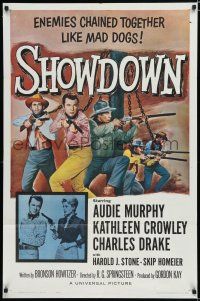 7p758 SHOWDOWN 1sh '63 Audie Murphy & enemies chained together + pretty Kathleen Crowley w/gun!