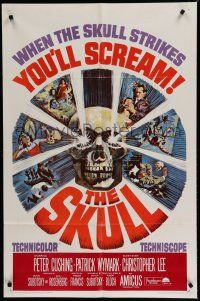 7p766 SKULL 1sh '65 Peter Cushing, Christopher Lee, cool horror artwork of creepy skull!
