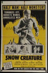 7p775 SNOW CREATURE 1sh '54 abominable Yeti terrorizes city, abducts women & annihilates men!