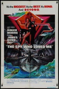 7p795 SPY WHO LOVED ME 1sh '77 cool art of Roger Moore as James Bond by Bob Peak!