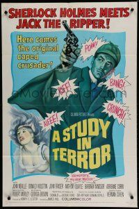7p826 STUDY IN TERROR 1sh '66 art of Neville as Sherlock Holmes, the original caped crusader!