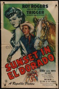 7p831 SUNSET IN EL DORADO 1sh '45 cool art of Roy Rogers, Trigger & sexy winking Dale Evans!