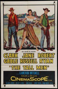 7p843 TALL MEN 1sh '55 full-length art of Clark Gable, sexy Jane Russell showing leg & Robert Ryan