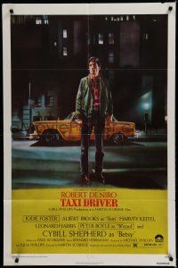 7p851 TAXI DRIVER 1sh '76 classic art of Robert De Niro by cab, directed by Martin Scorsese!