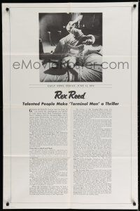 7p858 TERMINAL MAN 1sh '74 George Segal, written by Michael Crichton, Rex Reed review!