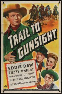 7p894 TRAIL TO GUNSIGHT 1sh '44 cowboy Eddie Dew pointing two guns vs plundering raiders!