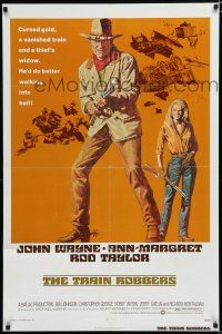 7p895 TRAIN ROBBERS 1sh '73 great full-length art of cowboy John Wayne & sexy Ann-Margret!