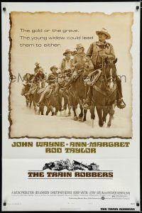 7p896 TRAIN ROBBERS style B 1sh '73 cowboy John Wayne & Ann-Margret on horseback!