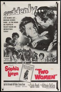 7p912 TWO WOMEN 1sh '61 Vittorio De Sica's La Ciociara, c/u of terrified Sophia Loren!