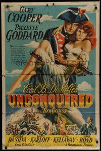 7p914 UNCONQUERED 1sh '47 art of Gary Cooper holding Paulette Goddard & two guns!