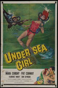 7p920 UNDERSEA GIRL 1sh '57 cool artwork of sexy deep sea scuba diver in peril!