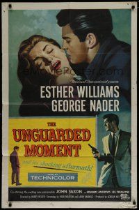 7p921 UNGUARDED MOMENT 1sh '56 close up art of teacher Esther Williams threatened by John Saxon!