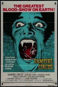 7p928 VAMPIRE CIRCUS 1sh '72 human fangs ripping throats, no sawdust can soak up all the blood!